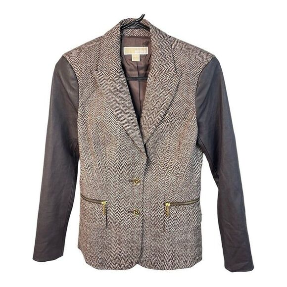 Michael Kors Women Jacket Brown Faux Leather Sleeve Tweed Size 4 - Picture 4 of 12